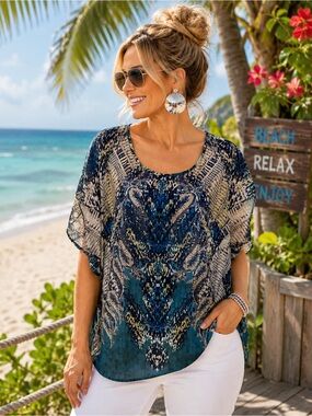 August Silk Sheer Paisley Blouse L Teal Blue Resort Top